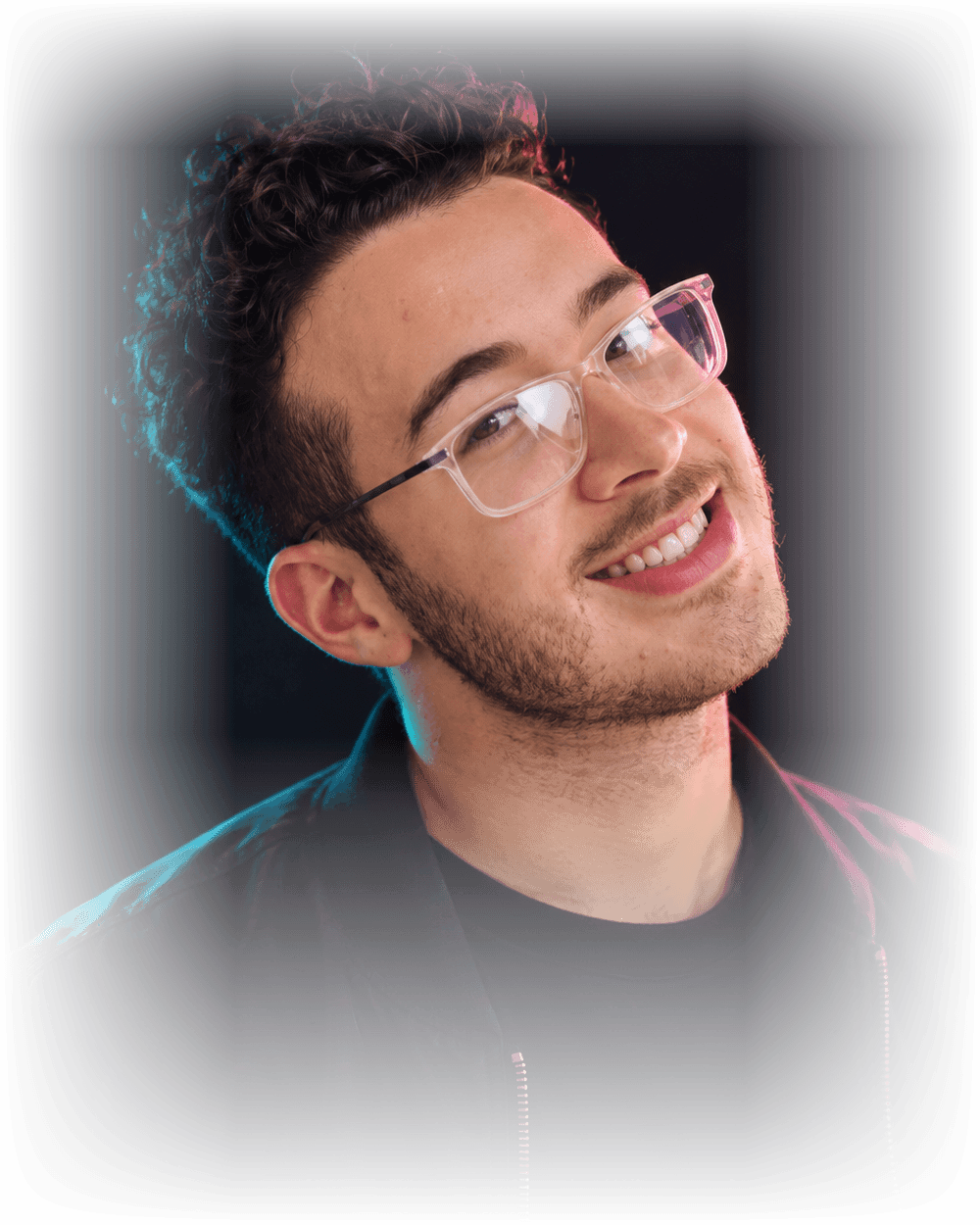 Eben Fourie, the artist behind FOURIE, photographed under blue and magenta light.